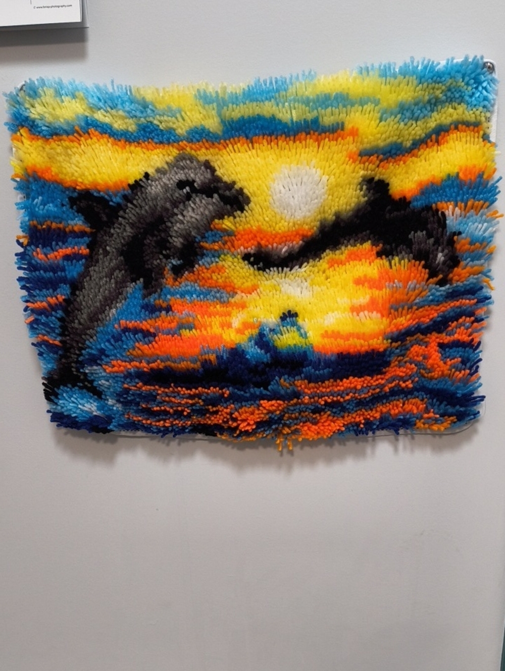 Handmade Dolphin Latch Hook Wall Art Rug 25x15 Ocean Sunset